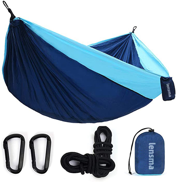 lensma Camping Hammock - Extra Large Double Parachute Hammock (2 Tree Straps 16 Loops,10 ft Included) USA Brand Lightweight Nylon Mens Womens Kids, Camping Accessories Gear (Sky Blue/Gray)